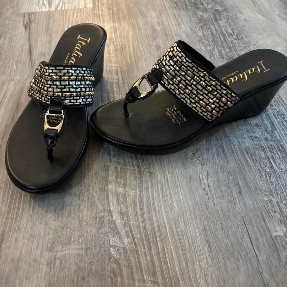 Italian Shoemakers Black Wedge Sandals with Metallic Embellishments